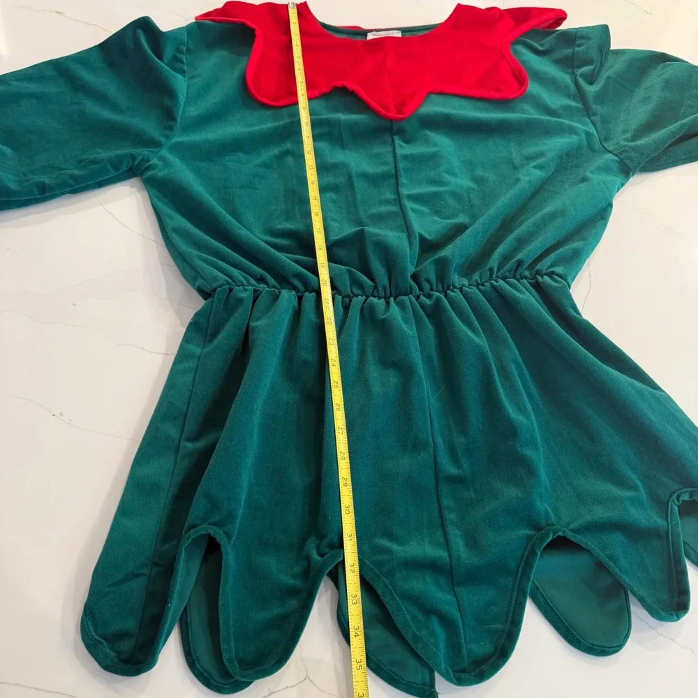 Adult Jester Elf Costume Tunic Green Red Velvet Scalloped Large Made in USA